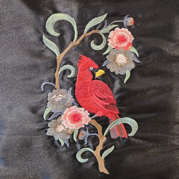 VTG Cardinal Decorative Pillow Satin Black Red Embroidered Lace Trim Floral‎ 20" - Picture 2 of 9